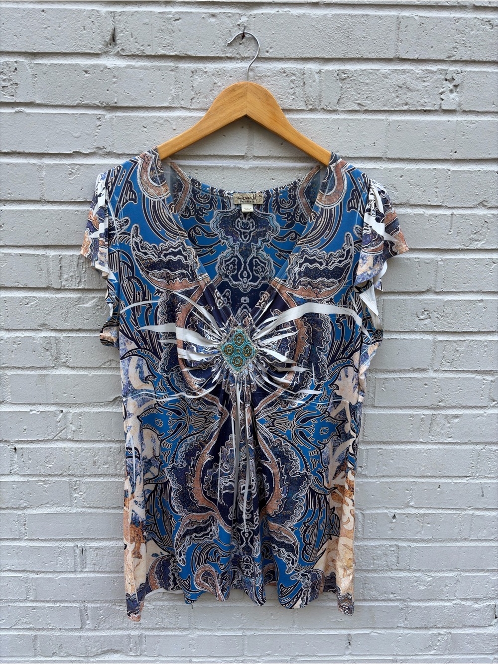 Vintage Y2k Beaded Boho Blue Paisley Short Sleeve Gathered Front Top